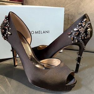 Gorgeous Antonio Melani Black Satin & Rhinestone Peep toe heels.